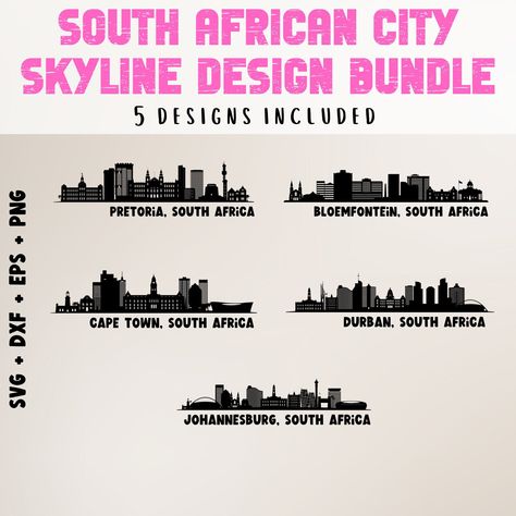 South African City Landscape | Cape Town | Johannesburg | Bloemfontein | Pretoria | Durban | Cut File for Cricut | Printable Wall Art by MadSkyeIE on Etsy South African Interior Design Cape Town, Cape Town Tattoo, South African Landscapes, Postcard Design Inspiration, African City, Postcard Layout, African Interior Design, South African Design, Cameo Crafts