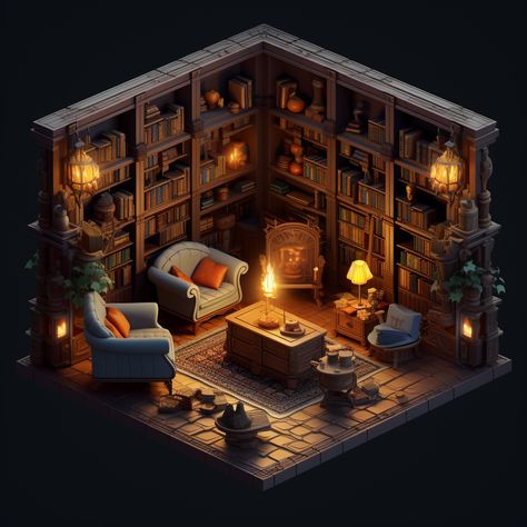 Environment Diorama Concept Art, 3d Library Design, Miniature Library Room, Miniature House Interior, Miniature Interior Design, Isometric Room Design, Blender Isometric Room, Isometric Room 3d, Isometric Library