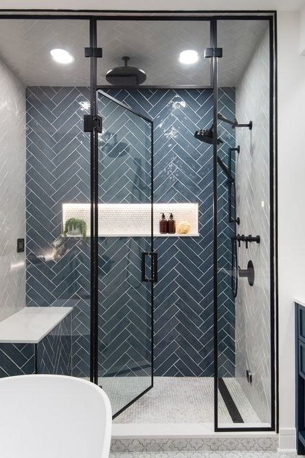 Blue Shower Tile With Black Fixtures, Spa Like Ensuite, Bathroom Shower Interior Design, Showers With Blue Tile, Master Bath Ideas Blue, Blue Tile Walk In Shower Ideas, Long Bathroom Layout Ideas Floor Plans, Master Bathrooms Blue, Aquaboard Bathroom