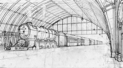 Station & Train Rough Perspective Chris Dunn Illustration, 2 Point Perspective Drawing, Color Wheel Art Projects, Perspective Images, Improve Drawings, Color Wheel Art, 1 Point Perspective, Train Drawing, Train Station Architecture