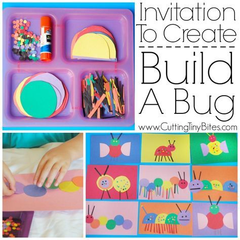 Invitation To Create: Build A Bug. Open ended creative insect paper craft for kids. Great for color recognition & fine motor development. Perfect for toddlers and preschoolers. Preschool Insects, Build A Bug, Insect Craft, Tiny Bites, Invitation To Create, Bug Activities, Insect Unit, Insects Preschool, Bugs Preschool