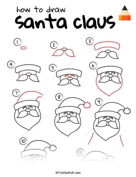 Easy Santa Drawing, Santa Claus Drawing Easy, Draw Santa Claus, Draw Santa, Santa Claus Drawing, Santa Cartoon, Easy Christmas Drawings, Christmas Art For Kids, Christmas Sketch