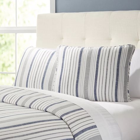 Laurel Foundry Modern Farmhouse Reversible Duvet Cover Set & Reviews | Wayfair.ca Striped Comforter Bedroom, Classic Bedding Sets, Cotton Comforter Set, Blue Comforter Sets, Coastal Room, Reversible Comforter, Top Beds, Farmhouse Bedding, Ruffle Bedding