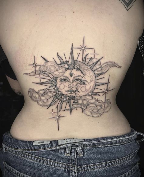 Sun And Moon Lower Back Tattoo, Space Tramp Stamp, Sun And Moon Tattoo On Back, Sun Moon Back Tattoo, Sun And Moon Tramp Stamp, Celestial Tramp Stamp, Left Chest Tattoo Men, Sun And Moon Chest Tattoo, Women Lower Back Tattoos