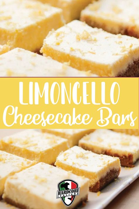 Lemoncello Recipes Desserts Easy, Limoncello Cheesecake Bars, Limoncello Recipes Desserts, Limoncello Bars Recipe, Creamy Limoncello Bars, Dessert Recipes Using Limoncello, Recipes With Limoncello Desserts, Limoncello Desserts Italian, Lemoncello Cheesecake Recipes