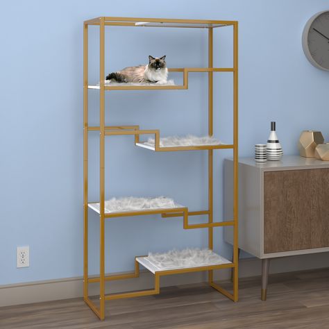 The Metropolitan Cat Condo: A Modern Cat Condo | The Refined Feline Modern Cat Tower, White Platforms, Creative Bookshelves, Modern Cat Tree, Cat Tree Condo, Bookcase Styling, Pampered Pets, Brown Cushions, Indoor Cats