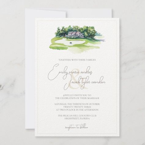 Wedding Invite - Golf Course in Watercolor - Green Wedding stationery Golf Wedding Invitations, Golf Save The Date Ideas, Golf Course Wedding Invitations, Green Wedding Stationery, Golf Course Wedding Pictures, The Sanctuary Golf Course Wedding, Wedding Photos At Golf Course, Golf Wedding, Watercolor Green