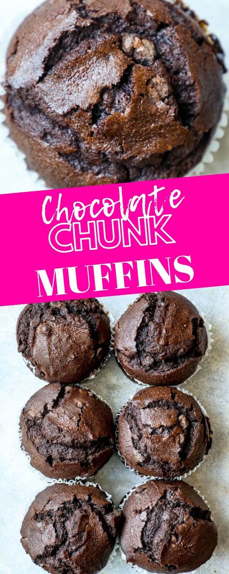 Easy Double Chocolate Chunk Muffins Recipe - breakfast #breakfast #dessert Easy Double Chocolate Chip Muffins, Chocolate Chunk Cupcakes, Buttermilk Chocolate Muffins, Chocolate Chunk Muffins Recipes, Moist Double Chocolate Muffins, Easy Chocolate Muffin Recipes, Chocolate Yogurt Muffins, Chocolate Chunk Bread, Fluffy Muffins Recipe