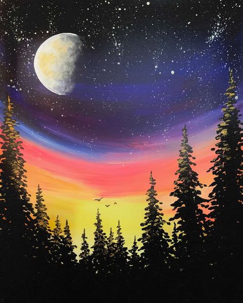 Painting Parties & Classes in Fort Collins - Paint & Sip Events Forest Acrylic Painting, Pinots Palette, Painting Parties, Star Painting, Monet Paintings, Diy Watercolor Painting, Diy Watercolor, Paint And Sip, Sunset Painting