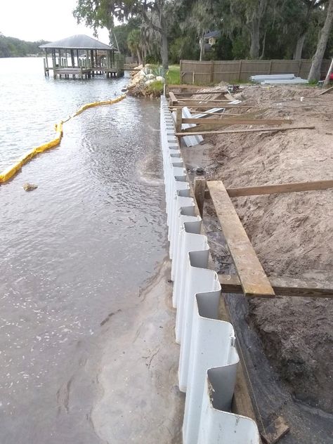 Vinyl seawall installation in Hammock Beach continues. Here are the latest updates! Seawall Ideas Lake Retaining Walls, Seawall Landscaping, Seawall Ideas, Dock Pilings, Hammock Beach, Lake Landscaping, Riverside Garden, Camp House, Beach Hammock