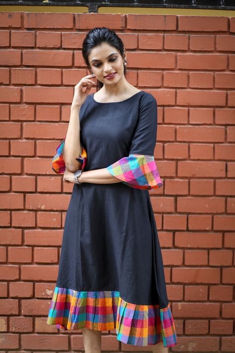 Madras Check Ruffle Black Dress #blackdress #belllsleeve #vacationwear #ginghamdress #madras Checked Dress, Casual Frocks, Frock Fashion, Long Frock, Salwar Designs, Frock For Women, Long Kurti Designs, Kurta Neck Design, Cotton Kurti Designs