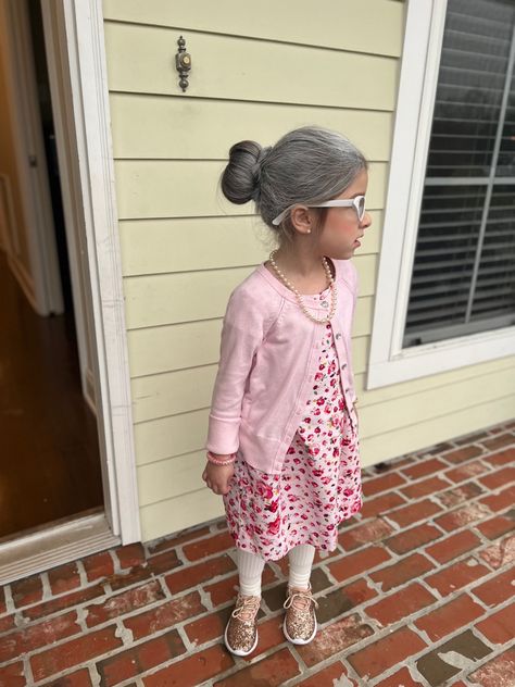 Our little grandma for her 100th day at school Dress Like A Grandma Day At School, 100 Day Of School Grandma Outfit, Grandma Clothes, Simple Girl, School Dresses, 100 Days Of School, School Themes, 100th Day, The 100