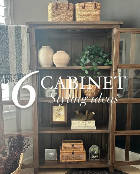 POV: Cabinet + shelf styling inspiration! Make sure to SAVE this post and FOLLOW @thecolellahome for more! 🫶 Comment SHOP for the links to decor and cabinet options! Happy Sunday everyone! if you saw my stories yesterday, I did a poll on whether or not you all would rather see these options in a reel format or stills and stills won! So here you go— here are six different ways to affordably style a cabinet or shelves. I created collages of all the materials that I used as well as cabi... Cabinet Shelves Decor, Styling A Display Cabinet, Entryway Display Cabinet, Corner Cabinet Styling, Cabinet Shelf Styling, Cabinet Styling, Curio Cabinet Decor, Cabinet Options, Cabinet Shelf