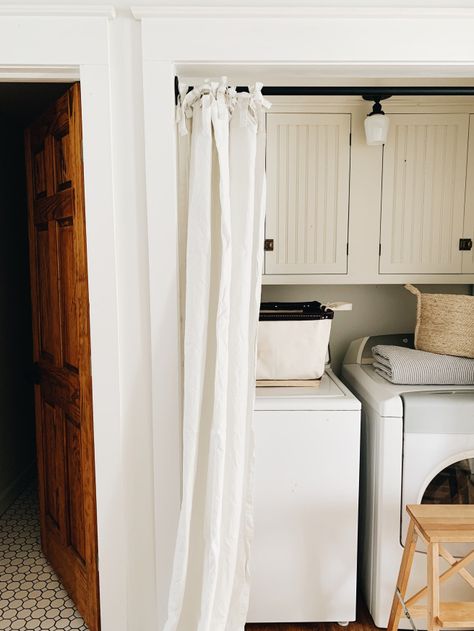 Laundry Room Curtains, Hidden Laundry Rooms, Laundry Closet Makeover, Laundry Nook, Hidden Laundry, Closet Curtains, Laundry Closet, Built In Cabinets, Taking Photos