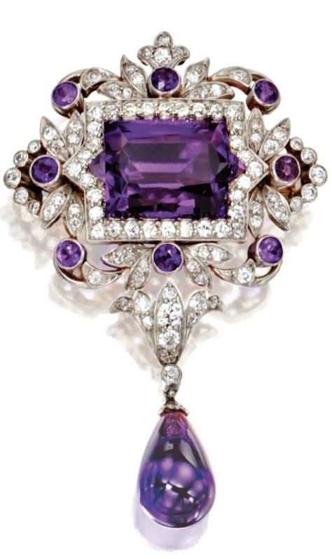 Tiffany & Co. - A Belle Epoque Gold, Platinum, Amethyst and Diamond Pendant-Brooch, Circa 1900. Set in the centre with a fancy rectangular star-cut amethyst, within an openwork frame of foliate design set with old mine and old European-cut diamonds, accented by round amethysts, supporting an amethyst pendant, signed Tiffany, with pendant loop. Bijoux Art Deco, Pendant Brooch, Purple Jewelry, Tiffany Jewelry, Diamond Brooch, Royal Jewels, Amethyst Jewelry, Amethyst Pendant, Van Cleef