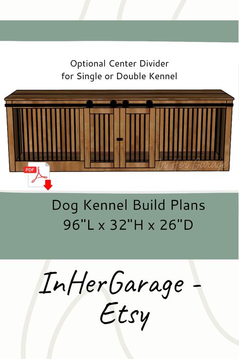 Single or double dog crate furniture with these easy-to-follow woodworking plans. The dimensions of this dog kennel are 96”L x 32”H x 26”D and the digital/printable plans will show you step-by-step how to build your own wood dog crate with barn doors. Dog Kennel Furniture Plans, Double Dog Crate Furniture, Dog Necessities, Large Dog Kennel, Kennel Furniture, Double Dog Crate, Wood Dog Crate, Dog Kennel Furniture, Diy Dog Kennel