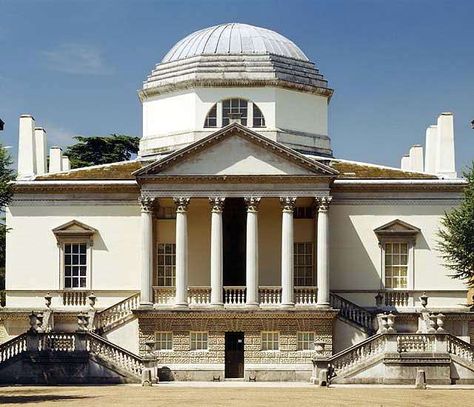 Architecture - Shown here is the Chiswick House designed and built by Richard Boyle, near London, England, from 1726-1729. The building derives from Neo-Palladian architecture, inspired by Andrea Palladio's Villa Rotunda. Just like the Villa Rotunda, the Chiswick House also has a completely symmetrical building with a square plan with four facades branching off the middle, each facade having a portico. Palladian Architecture, Princess Of Denmark, Chiswick House, Neo Classical Architecture, Pretty Buildings, Georgian Fireplaces, Classical Building, Town Planning, Neoclassical Design