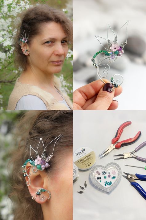 Wire Wrap Ear Cuff Tutorial, Ear Cuff Wire Wrap, Elf Ear Cuff Tutorial, Wire Elf Ears Diy Tutorials, Wire Jewelry Tutorial Step By Step, Ear Cuff Tutorial, Ear Cuff Diy, Cuff Tutorial, Diy Elf