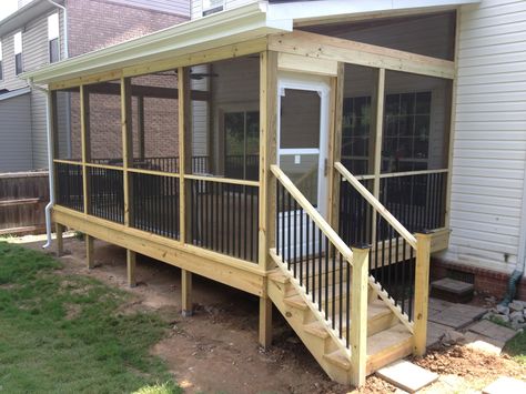 12/20 screen porch. Square rails. Screened In Porch With Shed Roof, Manufactured Home Screened In Porch, Mud Porch Ideas, Screened In Porch Mobile Home, Screened In Porch On Mobile Home, Manufactured Home Back Porch Ideas, Exterior Screened In Porch, Screen Porches Ideas, Screened In Back Porch Ideas On A Budget