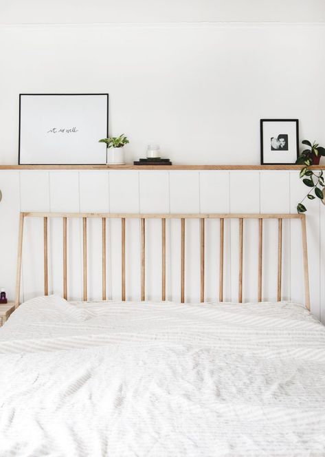 Learn how to make this simple, modern dowel headboard, the perfect project to spruce up your bedroom! #diy #bedroom #headboardideas Dowel Headboard, Wooden Bed Design Modern, Live Edge Bed, Old Bed Frames, Japandi Decor, Japandi Design, Wooden Bed Design, Diy Nightstand, Slatted Headboard