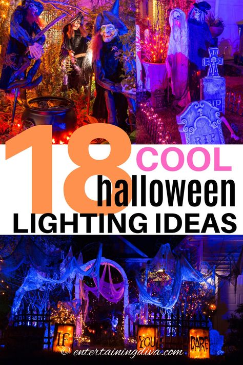 These Halloween outdoor decor ideas are AWESOME!! I''m definitely going to have the best front yard Halloween lighting in the neighborhood using these ideas. #entertainingdiva #halloweendecor #spooky  #halloween Spooky Outdoor Halloween Decor, Halloween Lighting, Orange String Lights, Halloween Lighting Outdoor, Outdoor Lighting Ideas, Outdoor Halloween Decorations, Yard Haunt, Halloween Graveyard, Yucca Plant