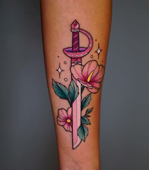 𝚋𝚛𝚘𝚘𝚔𝚎 on Instagram: “Rose Quartz’ sword from Steven Universe 💓🌹 thanks so much for the trust Leslie! ✨ . . . #stevenuniverse #stevenuniversetattoo…” Rose Quartz Steven Universe Tattoo, One With The Universe Tattoo, Rose Quartz Tattoo, Steven Universe Tattoo, Solo Tattoo, Glasses Wallpaper, Rose Quartz Steven Universe, Universe Tattoo, Omerta Tattoo