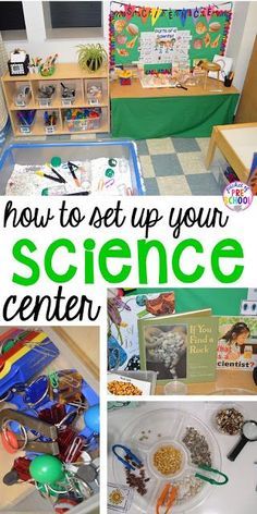 How to set up the science center (with freebies) in your preschool, pre-k, or kindergarten classroom. What tools to use, book list, and what to learn about. Science Center Preschool, Vetenskapliga Experiment, Preschool Classroom Setup, Pre-k Science, Science Area, Science Stations, Preschool Rooms, Prek Classroom, Preschool Centers