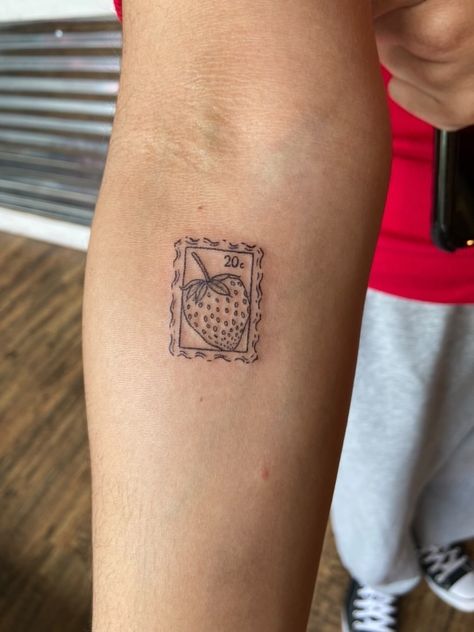 Detailed Strawberry Tattoo, Strawberry Post Stamp Tattoo, Peach Postage Stamp Tattoo, Posted Stamp Tattoo, Raspberry Stamp Tattoo, Minimalist Stamp Tattoo, Strawberry Vine Tattoo Minimalist, Strawberry Tattoo Aesthetic, Strawberry Basket Tattoo