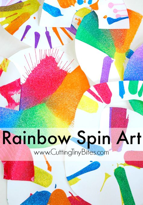 Rainbow Spin Art- fun process art craft for toddlers, preschoolers, or older kids. Bright and colorful! Rainbow Process Art, Art Craft For Toddlers, Grinch Handprint Craft, Grinch Handprint, Tiny Bites, Craft For Toddlers, Rainbow Activities, Spin Art, Easy Arts And Crafts