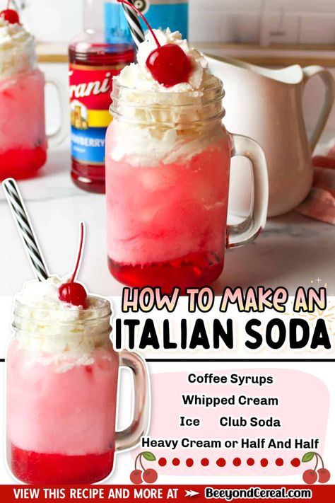 Italian Soda Syrup Recipes, Flavored Syrup Drink Recipes, Club Soda Drinks Non Alcoholic, Flavored Soda Recipes, Italian Soda Flavors Combinations, Sodastream Recipes, Italian Soda Recipe, Italian Cream Soda Recipe, Cream Soda Recipe