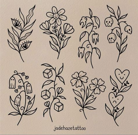 Cottage Core Flash Tattoo, Flower Tattoo Flash Sheet, Halloween Flower Tattoo, Flower Flash Sheet, Spooky Flower Tattoo, Floral Flash Tattoo, Easy Flash Tattoo, Small Flash Tattoo Ideas, Small Tattoo Flash Tattoo Flash Embroidery, Simple Tattoo Flower Design, Easy Tattoos For Beginner Artists, Easy Tattoos To Draw On Yourself, Flower Pot Doodle, Flower Flash Sheet, Spooky Flower Tattoo, Floral Flash Tattoo, Easy Flash Tattoo