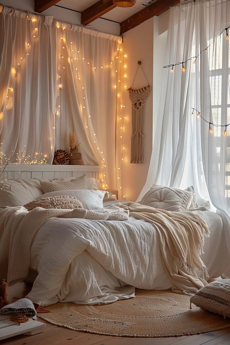 29 Boho Bedroom with Curtain Lights ideas: Create a Magical Atmosphere Bed With Fabric Canopy, Canopy In Bedroom, Canopy Bed With Ceiling Fan, Canopy Bed In Corner Of Room, Small Room Canopy Bed, Aesthetic Canopy Bedroom, Diy Ceiling Canopy Bed, Bohemian Canopy Bed, Bedroom Ceiling Drapes