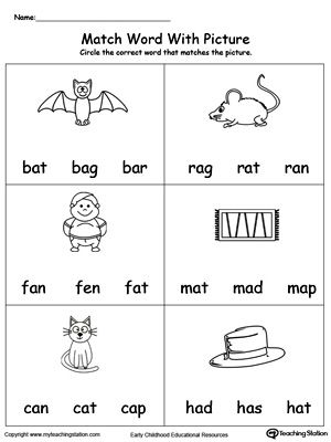 Match Word with Picture: AT Words: Provide your child with experience in identifying words ending in –AT by matching the words with each picture. Kertas Kerja Prasekolah, At Words, Aktiviti Prasekolah, Cvc Words Kindergarten, English Worksheets For Kindergarten, Kindergarten Phonics Worksheets, Vowel Worksheets, Word Family Worksheets, Kindergarten Reading Activities