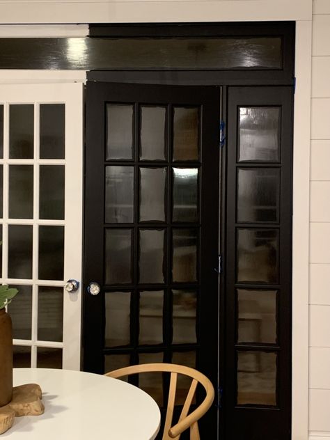 I Painted My French Doors Black + What TikTok Had To Say Black Patio Doors Interior, Black Kitchen Doors To Outside, Painted Black French Doors, Black French Doors With Blinds, French Doors Painted Black, Painting French Doors Interior, Painted Patio Doors Interior, French Door Update, French Door Makeover Diy Projects