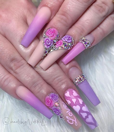 Purple Vday Nails, Purple Valentines Nails Designs, Valentine Long Nails Designs, Purple And Pink Valentine Nails, Pink Long Valentines Nails, Purple Valentines Nails, Stiletto Valentines Day Nails Pink, Pink And Purple Nails Designs, Purple Valentines Day Nails