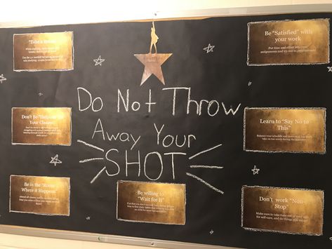 Hamilton Bulletin Board Ideas, Hamilton Bulletin Board, Theatre Bulletin Board Ideas, Hamilton Classroom Decor, Broadway Bulletin Board, Hamilton Classroom, Suny Oneonta, Ra Inspiration, Resident Assistant Bulletin Boards