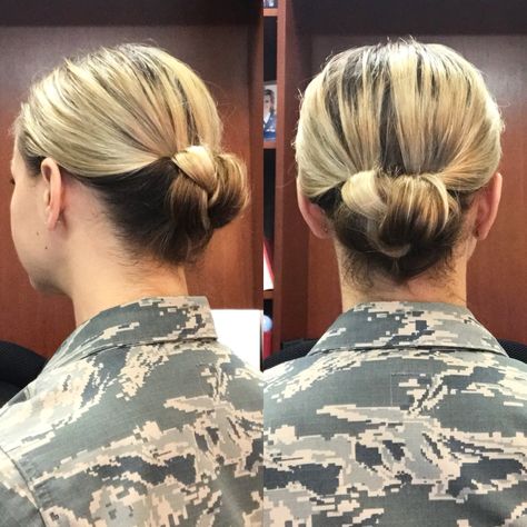 Brought to you from the desk of Lieutenant Rowe, today's military bun is a braided gibson tuck.  @army hair has an amazing tutorial for the standard gibson tuck on their YouTube page... however I added a step to make it a braided updo. When the hair is in the topsy tail, make a simple 3-strand braid before you tuck it up. It's so easy, takes me less than 3-minutes to do, and only takes 2 bobby pins--and it makes for a chic, sleek military or professional bun for anyone!! Army Bun Hairstyles, Bun With Layered Hair, Army Bun, Military Bun Hairstyles, Military Hairstyles For Women, Military Bun, Gibson Tuck, Military Hair, Topsy Tail