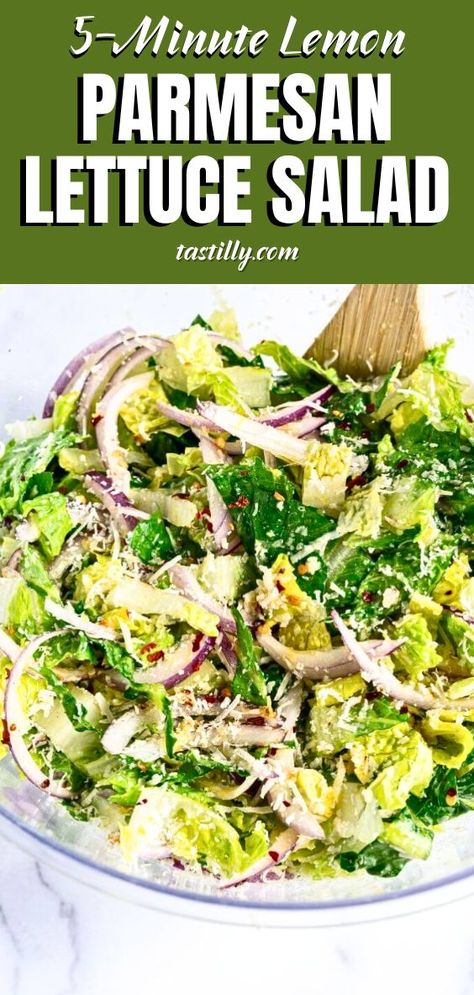 Quick Lemon Parmesan Salad in just 5 minutes! Fresh lettuce, lemon, and Parmesan make the perfect easy side Romaine Lettuce Salad Recipes, Lemon Parmesan Salad, Veggie Salads, Chopped Salads, Cheese And Honey, Homemade Dressings, Lettuce Salad Recipes, Lettuce Recipes, Vegetable Salads