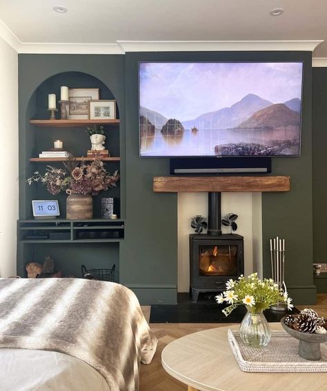 Dark Green Snug Room, Earthy Moody Living Room, Black Grey Living Room, Snug Ideas, Log Burner Living Room, Moody Living Room, Snug Room, Feature Wall Living Room, Cosy Lounge