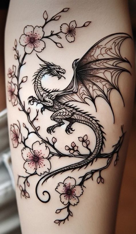 Dragon Tattoo For Women Forearm, Dragon Leg Tattoo For Women, Fantasy Sleeve Tattoo, Badass Tattoos For Women, Dragon Tattoo With Flowers, Dragon Tattoo For Women, Halloween Tattoo, Tattoos For Women Flowers, Wrist Tattoos For Women