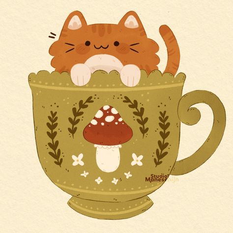 A digital illustration of a ginger cat sitting in a green teacup. The teacup has a mushroom on it and some leaves as decoration Cute Hedgehog Illustration, Kettle Tattoo, Cup Of Tea Illustration, Coffee Shop Drawing, Cozy Prints, Tea Cup Illustration, Teacup Illustration, Teacup Art, Tea Cup Drawing