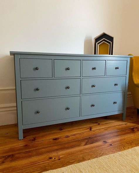 Hemnes Dresser painted with greyish blue. Blue Hemnes Dresser, Baby Blue Dresser, Dusty Blue Dresser, Ikea Hemnes Dresser, Hemnes Dresser, Dresser Painted, Furniture Upcycle, Blue Dresser, Ikea Hemnes