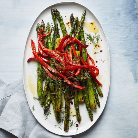 Roasted asparagus and red bell pepper with dill | Recipes | WW USA Asparagus And Bell Pepper Recipes, Roasted Red Bell Pepper, Roasted Asparagus With Tomatoes, Ww Asparagus Recipes, Roasted Asparagus And Red Peppers, Roasted Lemon Pepper Asparagus, Weight Watchers Vegetarian, Dill Recipes, Pasta With Meat Sauce