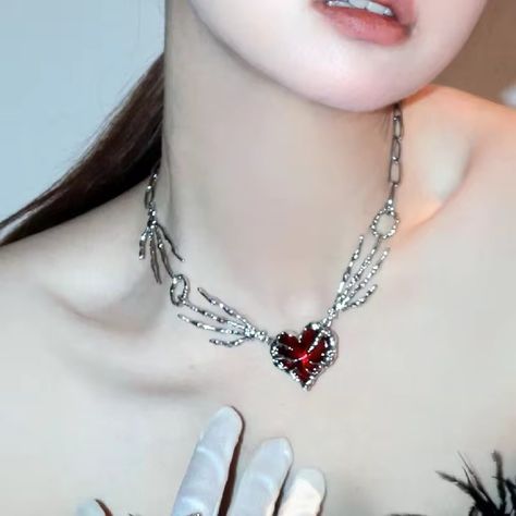 Gothic Ghost Claw Red Heart Necklace Irregular Dark Love Chain Necklaces Unisex Punk Harajuku Goth Big Heart Pendant Necklace - AliExpress 36 Heart Pendant Necklace Silver, Red Stone Necklace, Red Heart Necklace, Claw Necklace, Y2k Jewelry, Choker Pendant, Heart Choker, Estilo Hip Hop, Cross Pendant Necklace