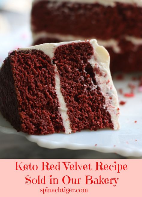 Keto Red Velvet Layer Cake with Cream Cheese Frosting. Sold in our keto bakery, a tried and true grain free, sugar free, low carb red velvet cake. #ketoredvelvet #spinachtiger #redvelvet #glutenfree #almondflour via @angelaroberts Keto Layer Cake, Keto Red Velvet Cake, Carnivore Dessert, Red Velvet Layer Cake, Gluten Free Red Velvet Cake, Keto Bakery, Diet Cake, Almond Flour Cakes, Keto Cakes