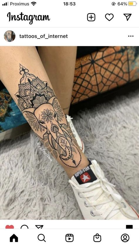 Elephant Shin Tattoos For Women, Disney Tattoo For Women, Mandala Tattoos For Women Leg, Elephant Leg Tattoo For Women, Shin Tattoo Womens, Boho Sleeve Tattoo, Mandala Leg Tattoo, Geometric Tattoo Leg, Mandala Elephant Tattoo