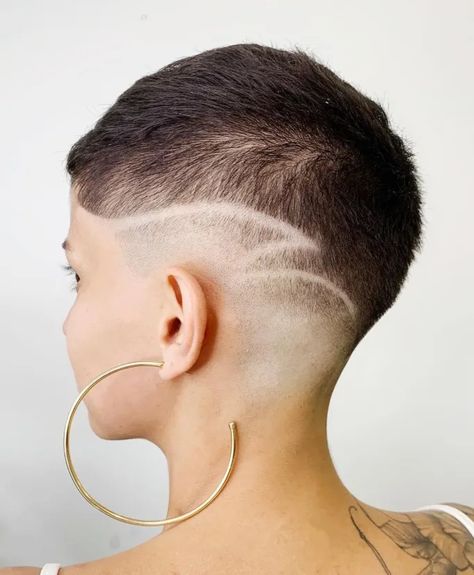 The 50 Coolest Shaved Hairstyles for Women - Hair Adviser Buzz Cut With Fade Women, Undershave Designs, Shaved Side Haircut, Undercut Ideas, Fade Haircut Women, Shave Designs, Hair Tattoo Designs, Side Haircut, Shaved Head Designs