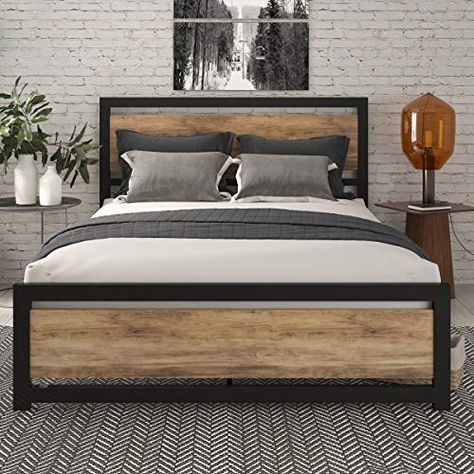 Modern Wood Headboard, Metal Platform Bed Frame, Steel Bed Frame, Bed Frame Design, Queen Size Platform Bed, Full Size Bed Frame, Steel Bed, Wooden Headboard, Queen Size Bed Frames