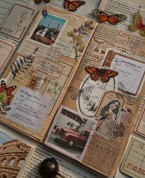 Scrapbook Journal Inspiration, Sticker Collage Ideas Art Journals, Collage Pages Art Journaling, Vintage Art Journal Pages Ideas, Collage Journal Pages, Cottagecore Journal Ideas, Scrapbook Junk Journal, Goth Journal Ideas, Art Journal Spreads