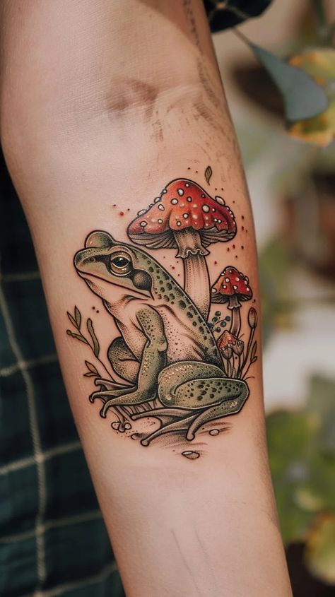 Bullfrog Tattoo Ideas, Black And Grey Frog Tattoo, Fairy Cottage Tattoo, Animal Fairy Tattoo, Frog Mushroom Tattoo, Fairy Core Tattoos, Toadstool Tattoo, Cottage Core Tattoos, Dessert Tattoo